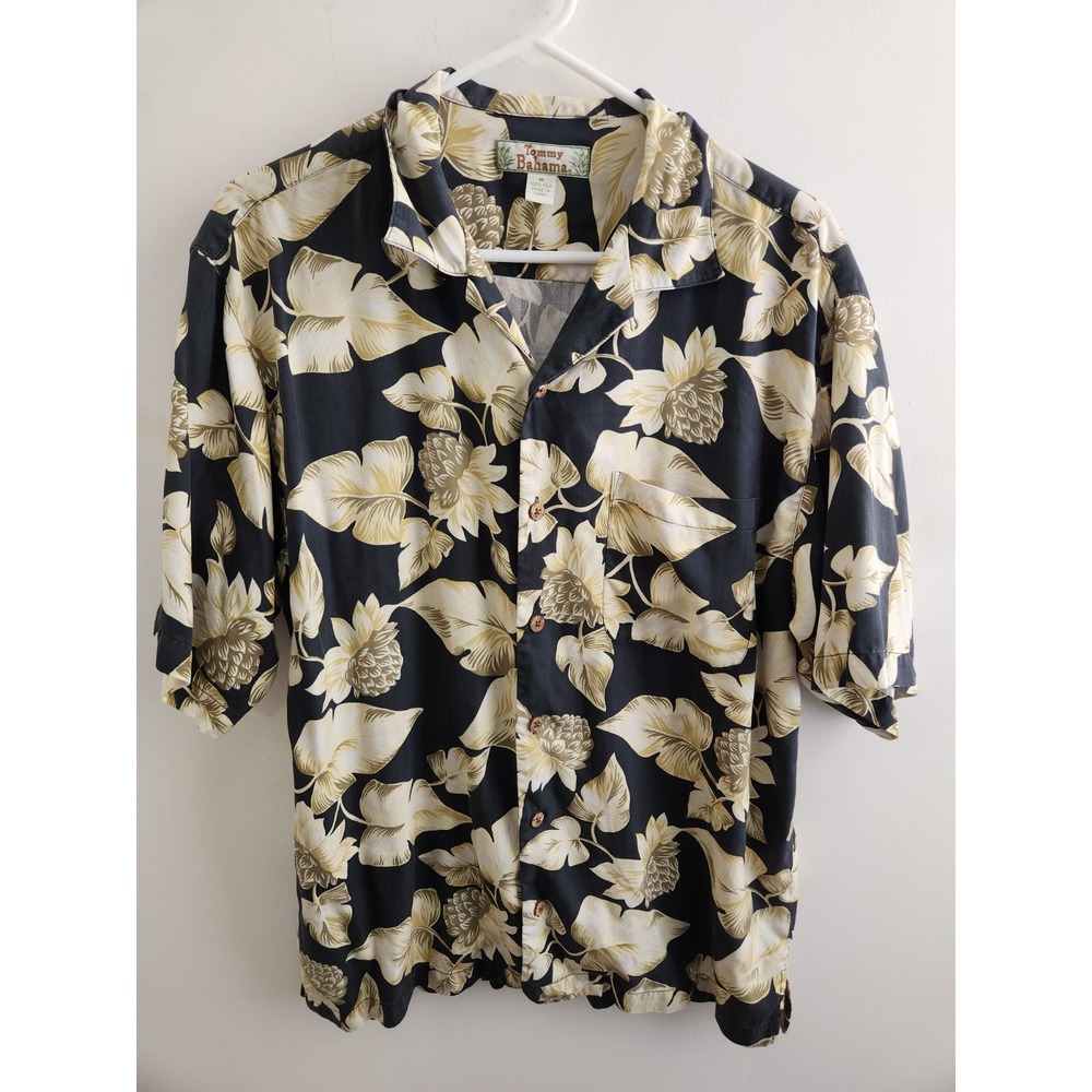 Tommy Bahama Shirt Mens Medium Navy Cream Floral Button Up Tropical Vacation